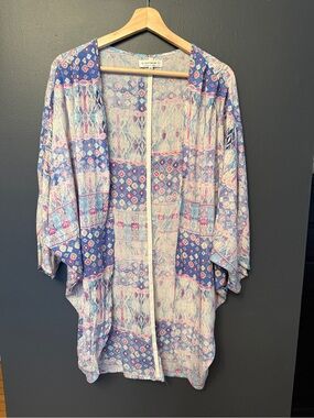 Cotton On Floral Geometric Kimono Cardigan in Blue and Pink w/silver bead edging